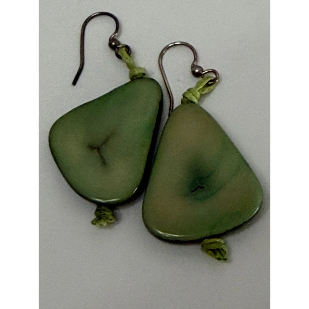 Artisan Tagua Nut Drop Earrings Sage Green Organic Vegetable Ivory Boho Dangle